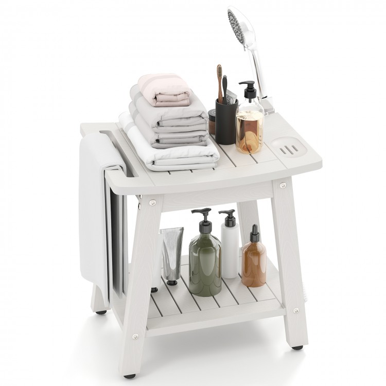 HIPS shower bench seat in white with towel bar, soap holder, and adjustable feet for indoor or outdoor use.