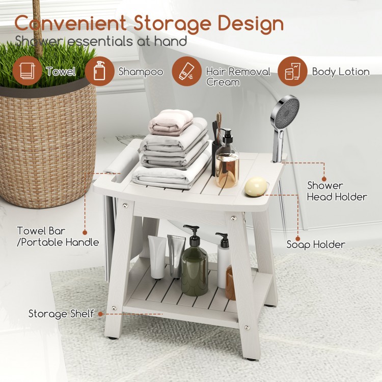 HIPS shower bench seat in white with towel bar, shower head holder, and storage shelf for indoor or outdoor use.