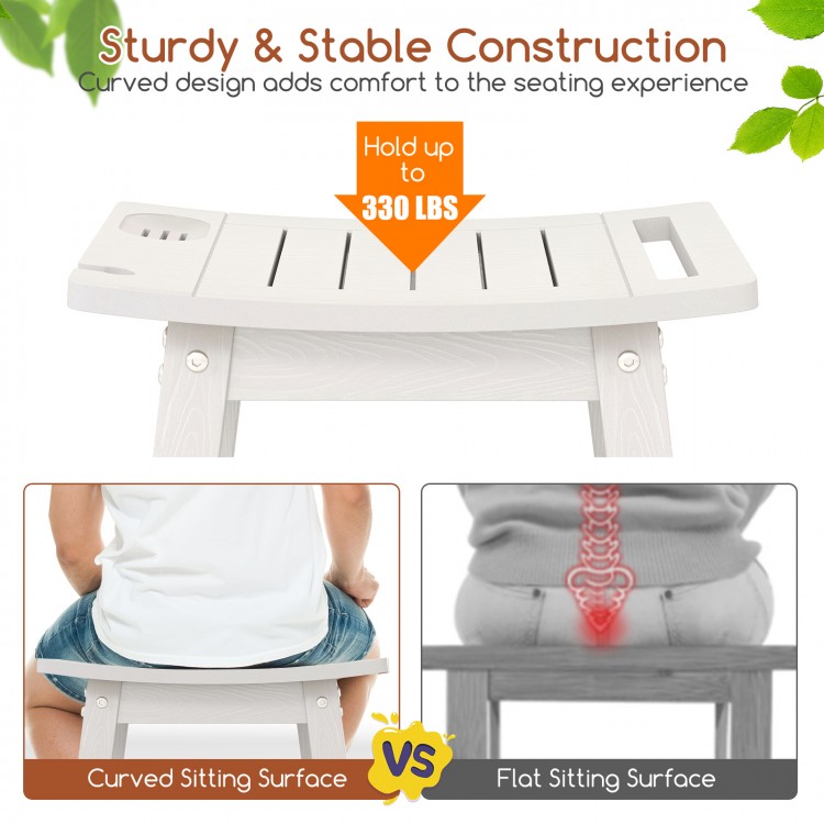 HIPS shower bench seat in white with curved surface, handle, and towel bar, ideal for indoor or outdoor use.