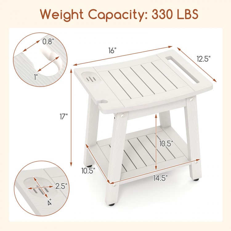 HIPS shower bench seat in white with handle, featuring a curved surface and open shelf for versatile indoor or outdoor.