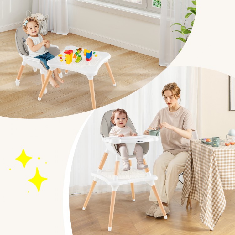 5-in-1 baby wooden high chair in gray with adjustable tray, removable cushion, and solid beechwood legs for safety.