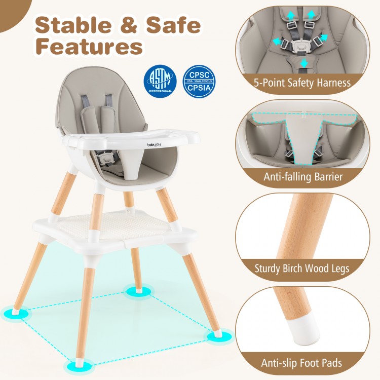 5-in-1 baby wooden high chair in gray with a 5-point safety harness and sturdy beechwood legs for safe feeding.