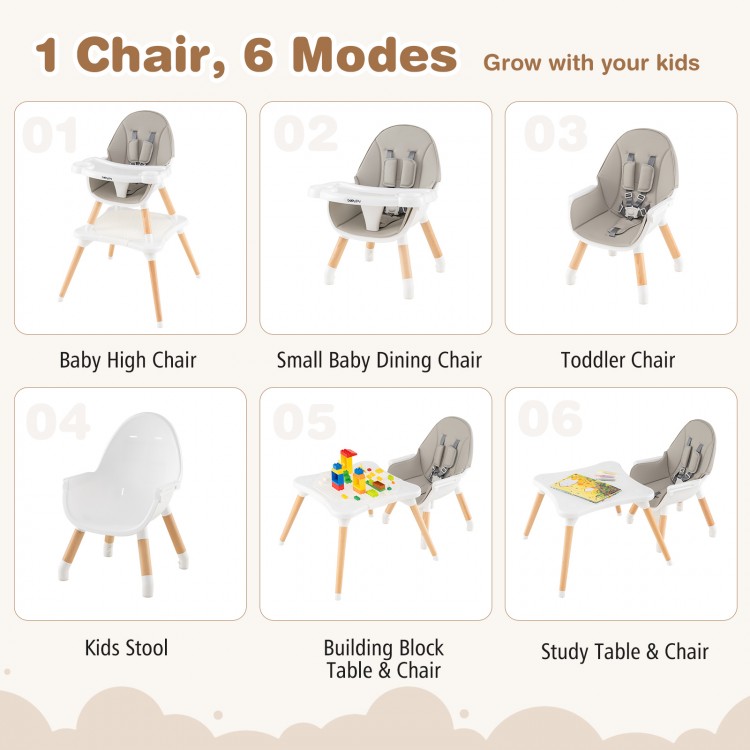 5-in-1 baby high chair in gray, showcasing multiple modes for growth, made of solid beechwood with a removable cushion.