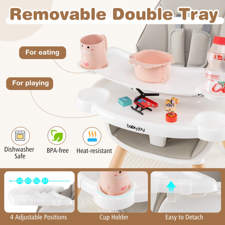 Removable adjustable tray of the 5-in-1 baby wooden high chair in gray, perfect for eating and playing.