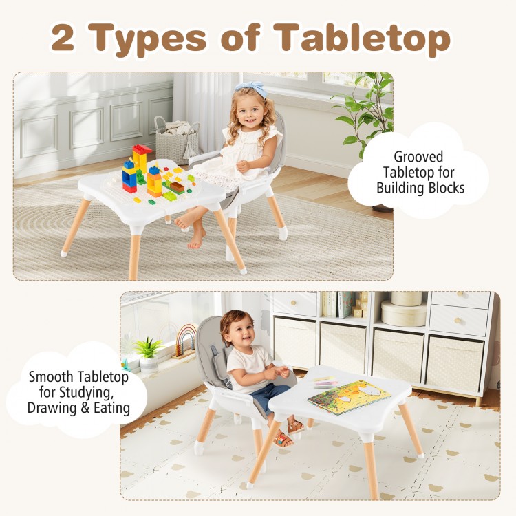 Convertible high chair with grooved and smooth tabletops, perfect for building blocks and studying, in gray beechwood.