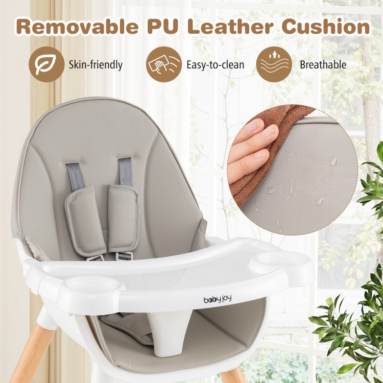 Removable PU leather cushion of the gray 5-in-1 baby wooden convertible high chair, designed for comfort and easy.