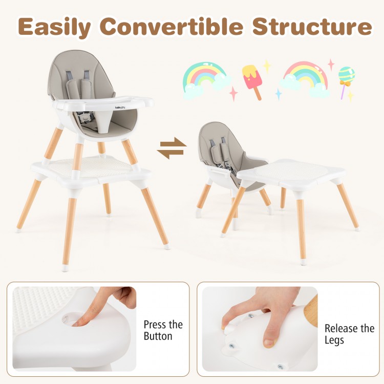 5-in-1 baby wooden convertible high chair in gray with removable cushion and adjustable tray for versatile use.