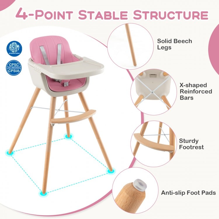 3-in-1 convertible wooden high chair in pink with solid beech legs, 5-point harness, and removable cushion for safety.