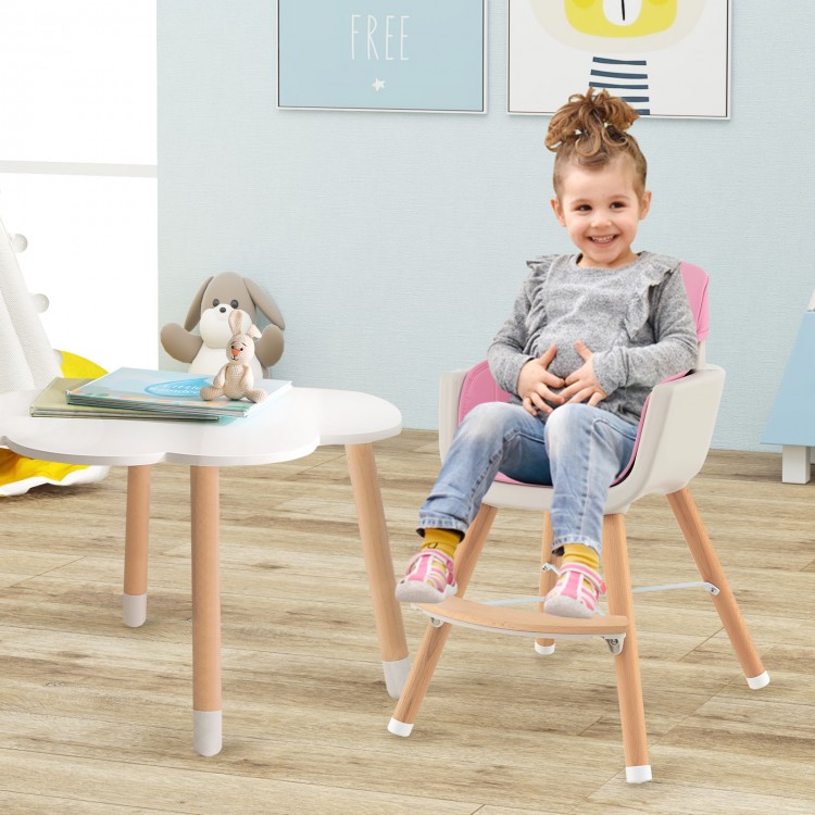 Convertible wooden high chair in pink with a removable cushion, featuring a 5-point harness for safety and stability.