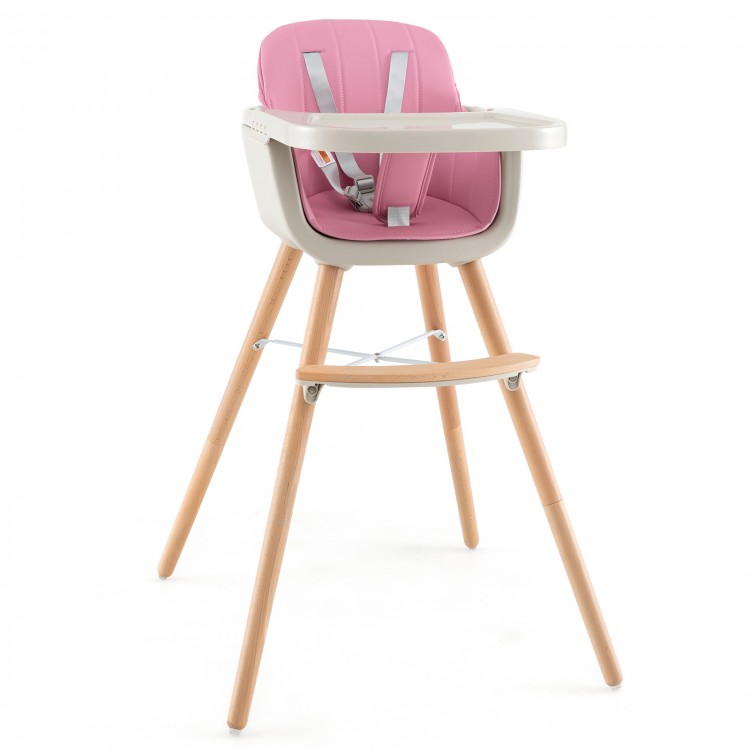 3-in-1 convertible wooden high chair in pink with removable cushion, adjustable tray, and sturdy beech legs for safety.