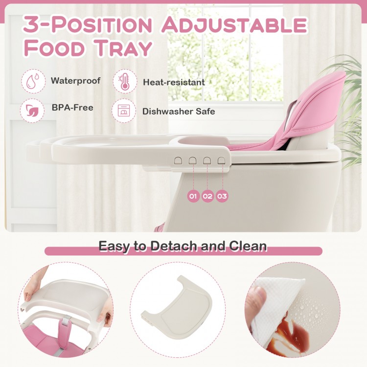 Adjustable 3-position food tray for the 3-in-1 convertible wooden high chair, pink, easy to detach and clean.