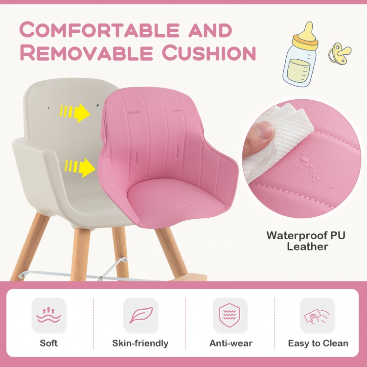 Removable pink PU cushion for 3-in-1 convertible wooden high chair, soft and waterproof for easy cleaning.
