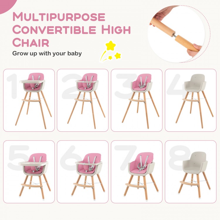 3-in-1 convertible wooden high chair in pink with removable cushion, adjustable tray, and 5-point harness for safety.
