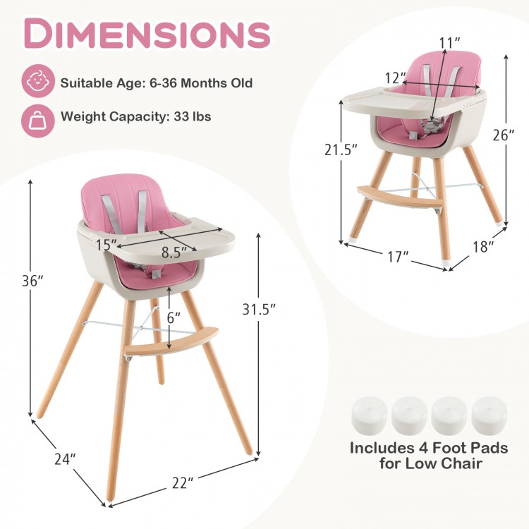 3-in-1 convertible wooden high chair in pink with adjustable tray, 5-point harness, and removable cushion for safety.