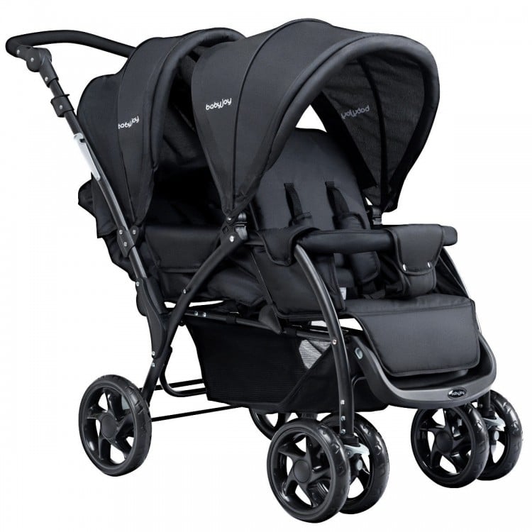 Double baby stroller in black with adjustable seats, 5-point safety belts, and shock-proof wheels for two infants.