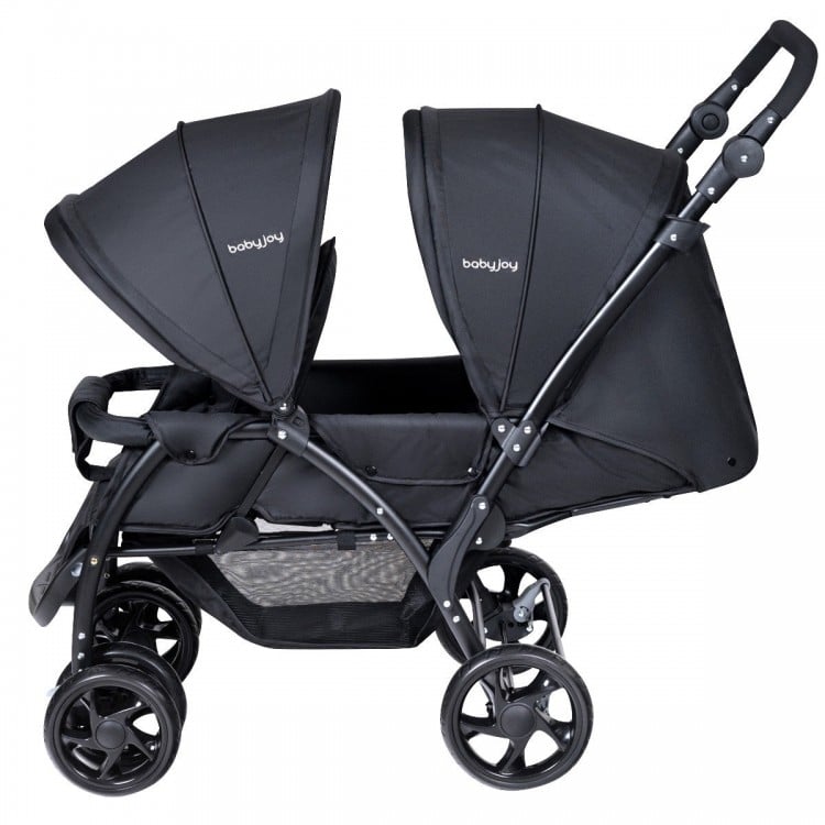 Double baby stroller in black with adjustable seats, safety belts, and shock-proof wheels for two babies.