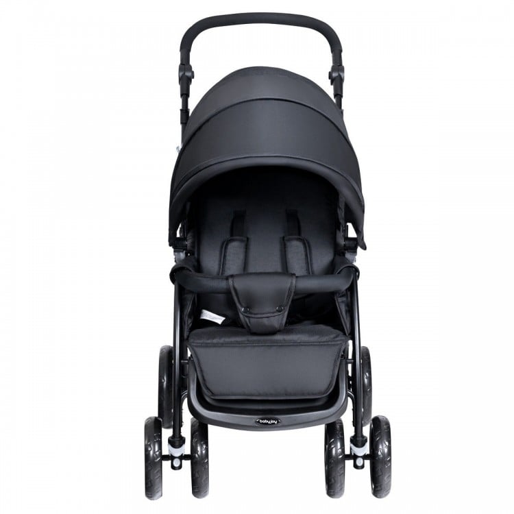 Double baby stroller in black with adjustable handles and safety belts, designed for two babies, perfect for various.