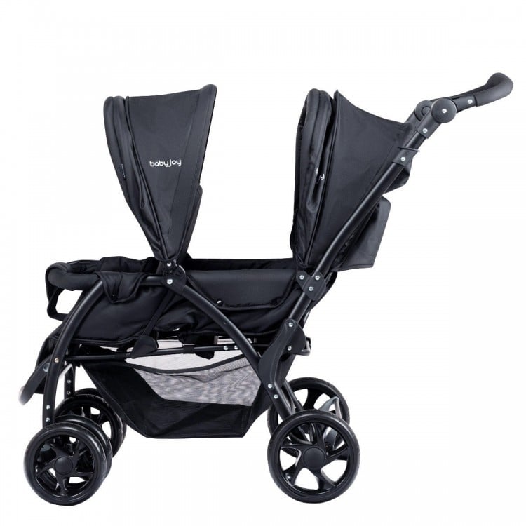 Side view of the black double baby stroller featuring a sturdy frame, shock-proof wheels, and spacious storage basket.