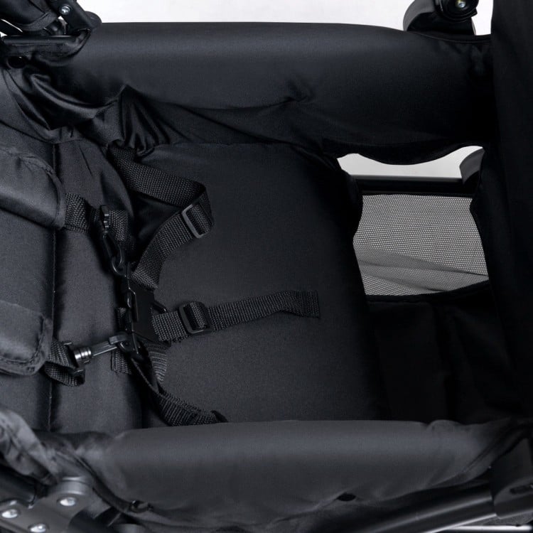 Close-up of the black double baby stroller's interior with adjustable 5-point safety belts for comfort and security.