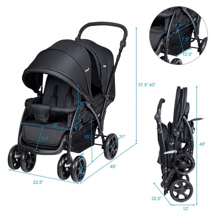 Double seat baby stroller in black with adjustable handles, safety belts, and compact fold for easy transport.