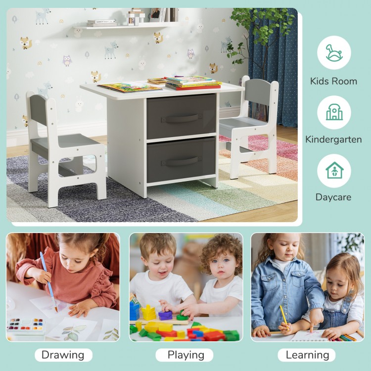 Kids table and 2 chairs set with removable storage drawers, ideal for drawing, playing, and learning in a kids' room.