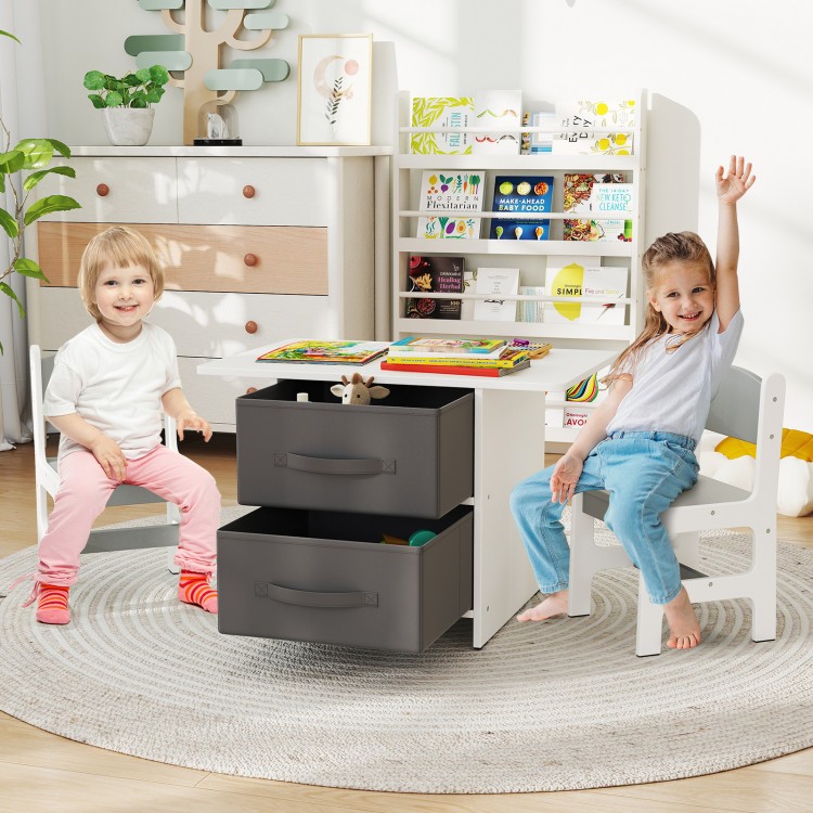 Kids table and 2 chairs set with removable storage drawers, ideal for playroom or bedroom use.