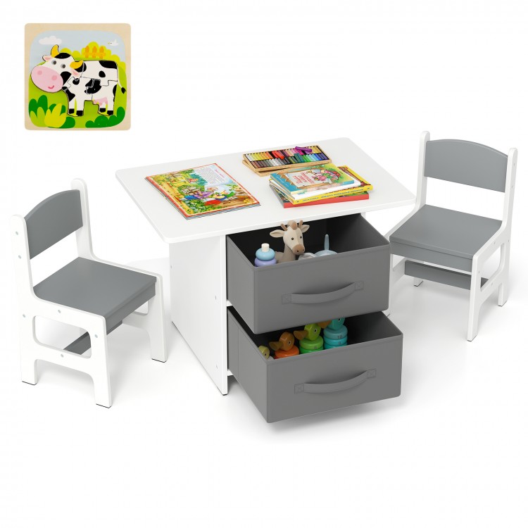 Kids table and 2 chairs set with removable storage drawers, perfect for playroom or bedroom activities.
