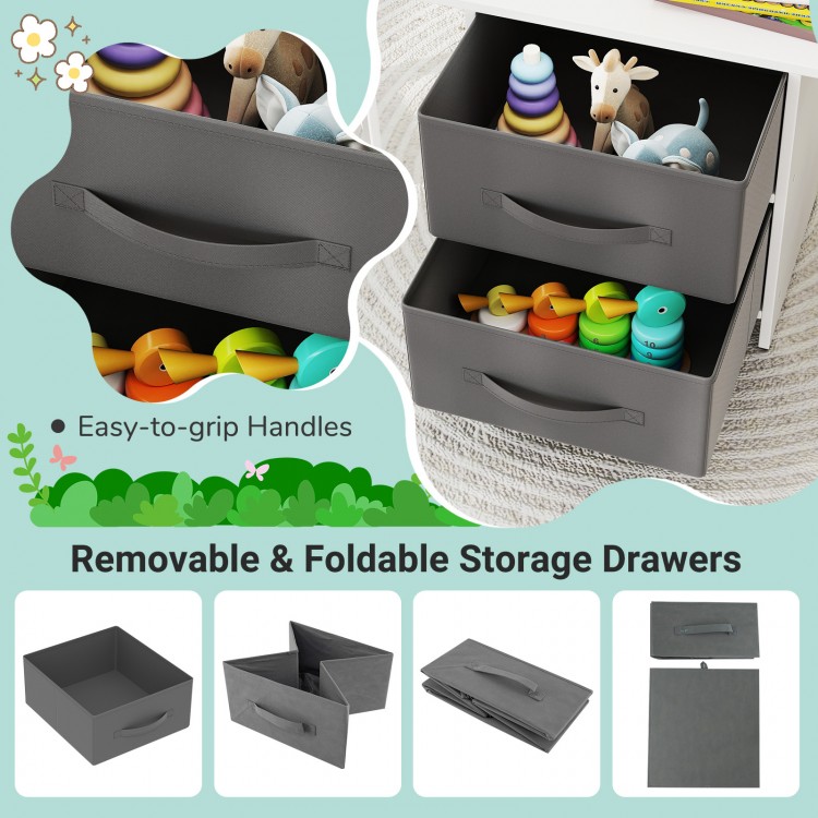 Removable and foldable storage drawers in gray with easy-to-grip handles for kids' organization and playroom use.