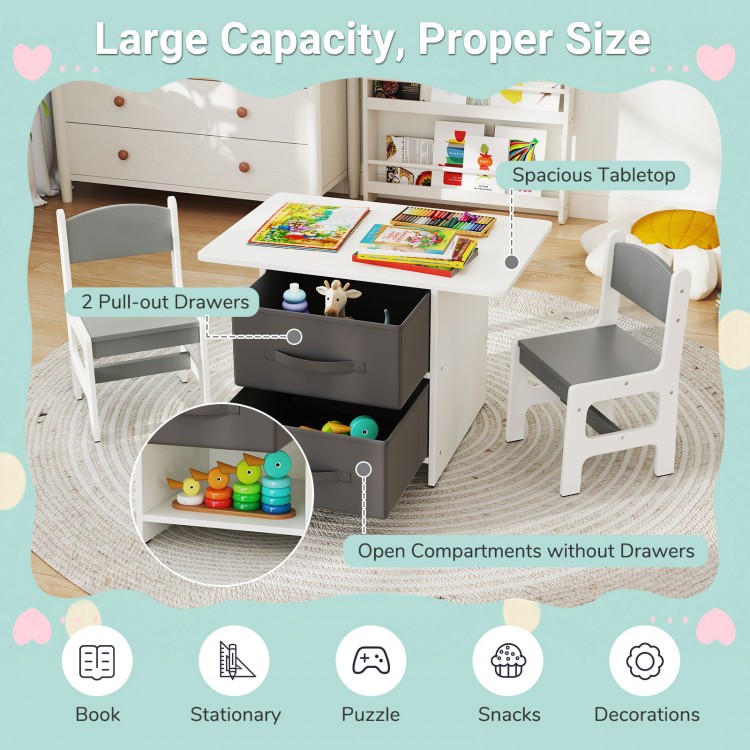 Kids table with two chairs featuring a spacious tabletop and removable storage drawers for versatile play and.