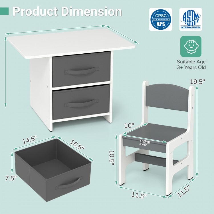 Kids table and 2 chairs set with removable storage drawers, ideal for playroom and ergonomic seating for children.