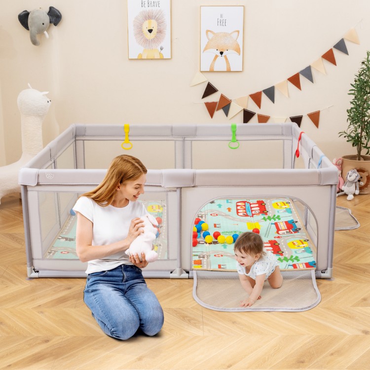 Baby playpen with breathable mesh and non-slip mat, featuring zipper doors and pull rings for safe playtime.