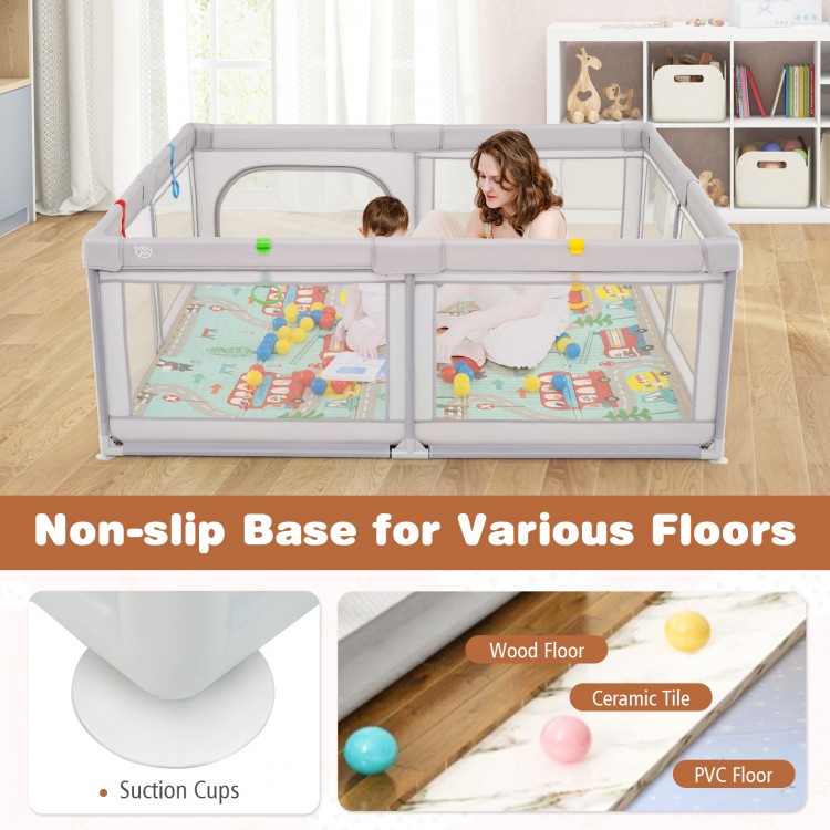 Baby playpen with breathable mesh and non-slip base, featuring a cushioned mat and 50 ocean balls for safe play.