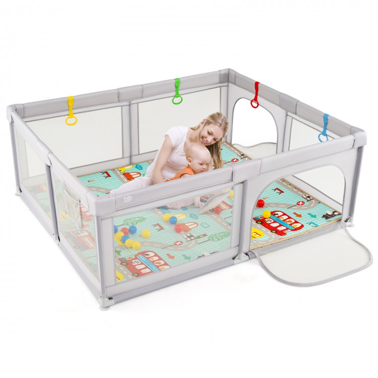 Baby playpen with breathable mesh and cushioned mat, featuring zipper doors and pull rings for safe playtime.