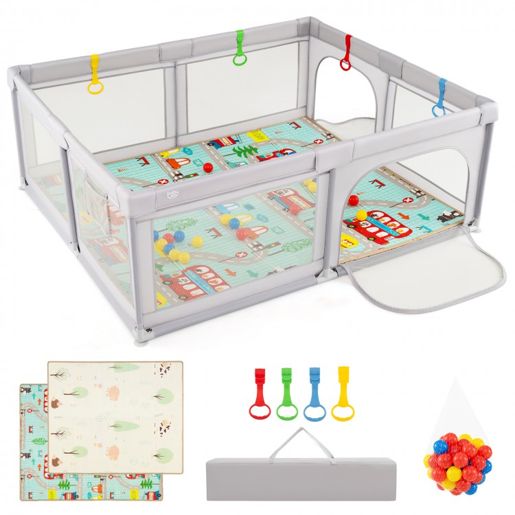 Gray baby playpen with breathable mesh, cushioned mat, and 50 ocean balls, ideal for safe play and exploration.