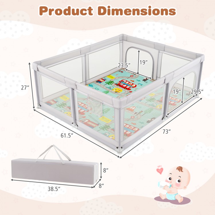 Baby playpen with breathable mesh and cushioned mat, measuring 73" x 61.5", ideal for safe play and learning.