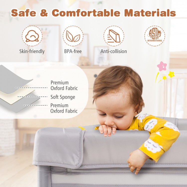 Baby playpen in gray with breathable mesh, premium oxford fabric, and soft sponge for safe play and comfort.