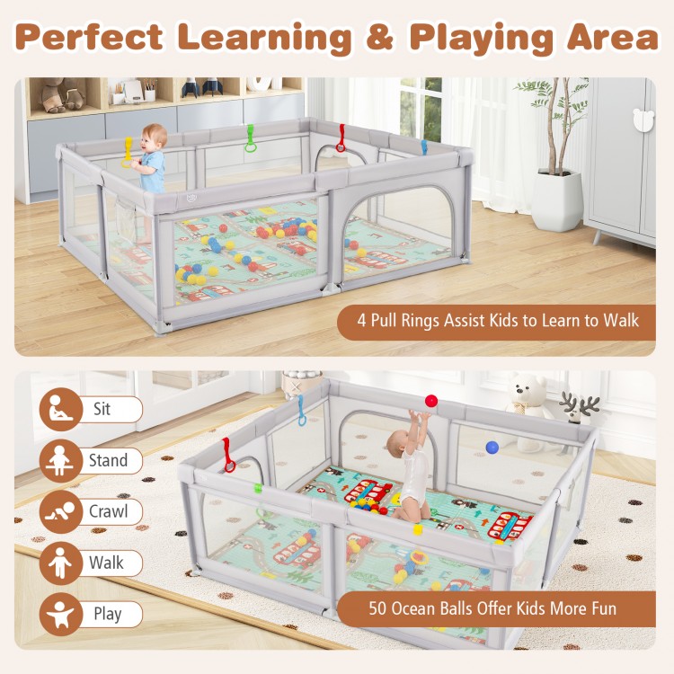 Baby playpen with breathable mesh and non-slip mat, featuring 4 pull rings and 50 ocean balls for safe play.
