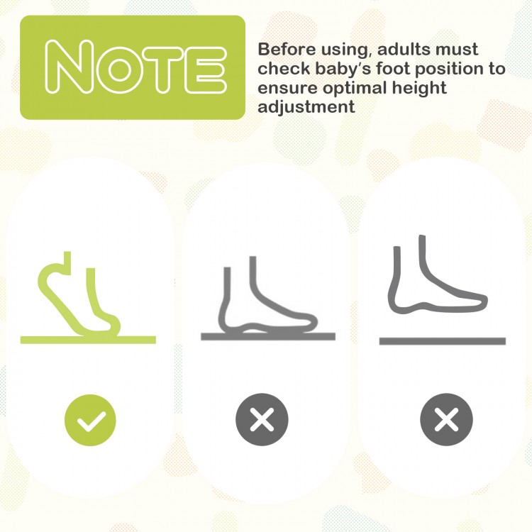 Foot position check instructions for the Baby Activity Center, ensuring optimal height adjustment for safe use.