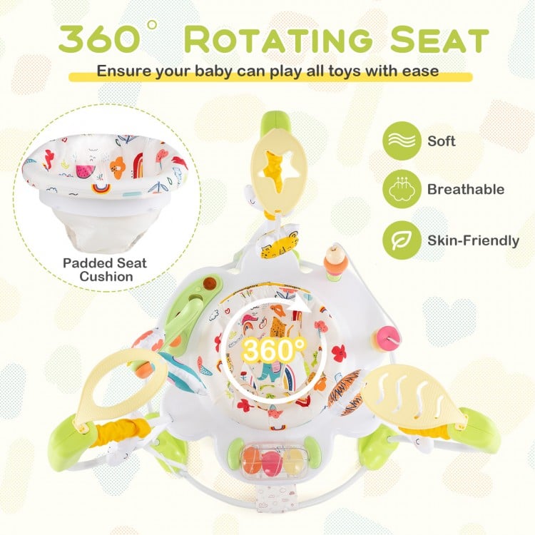 360° rotating seat of the yellow baby activity center with padded cushion and interactive toys for endless fun.