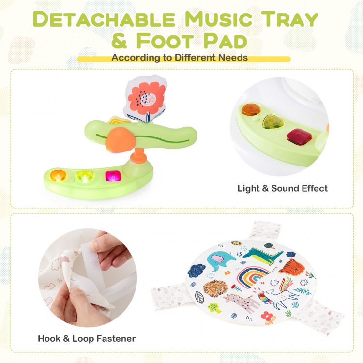 Detachable music tray and foot pad of the yellow baby activity center, featuring interactive toys and sound effects.