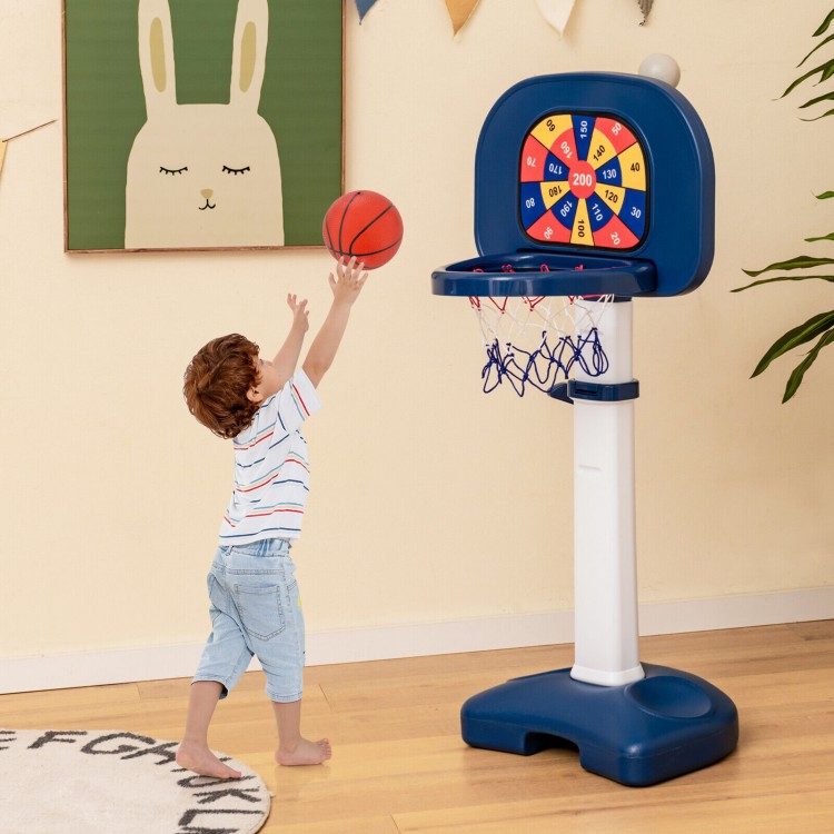 Adjustable kids basketball hoop with ring toss, featuring a young boy shooting a basketball for versatile playtime fun.