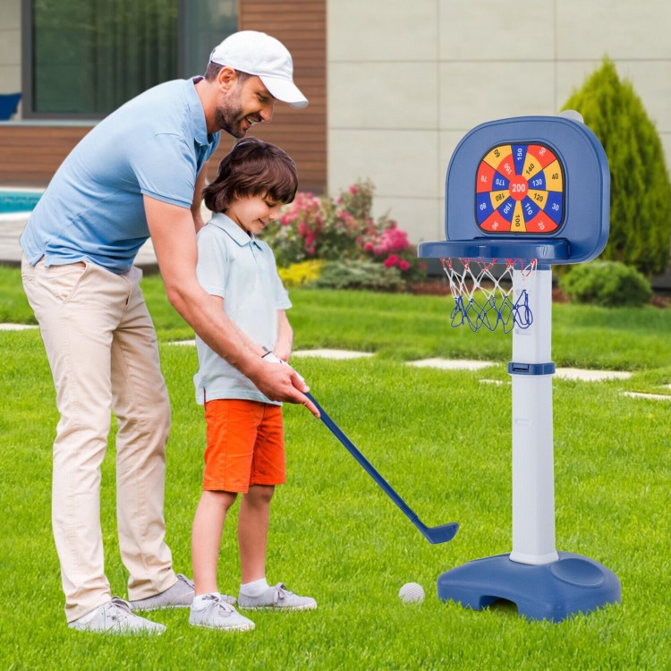 Adjustable kids basketball hoop with ring toss and sticky ball, featuring a stable base and four game options for.