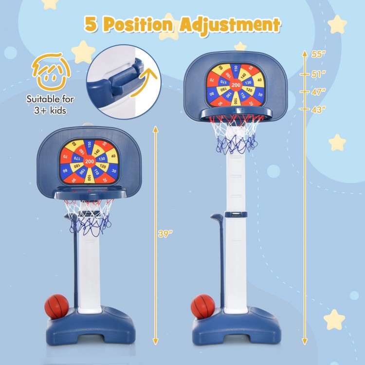 Adjustable kids basketball hoop with ring toss, featuring 5 height settings and durable HDPE+PP materials for stability.