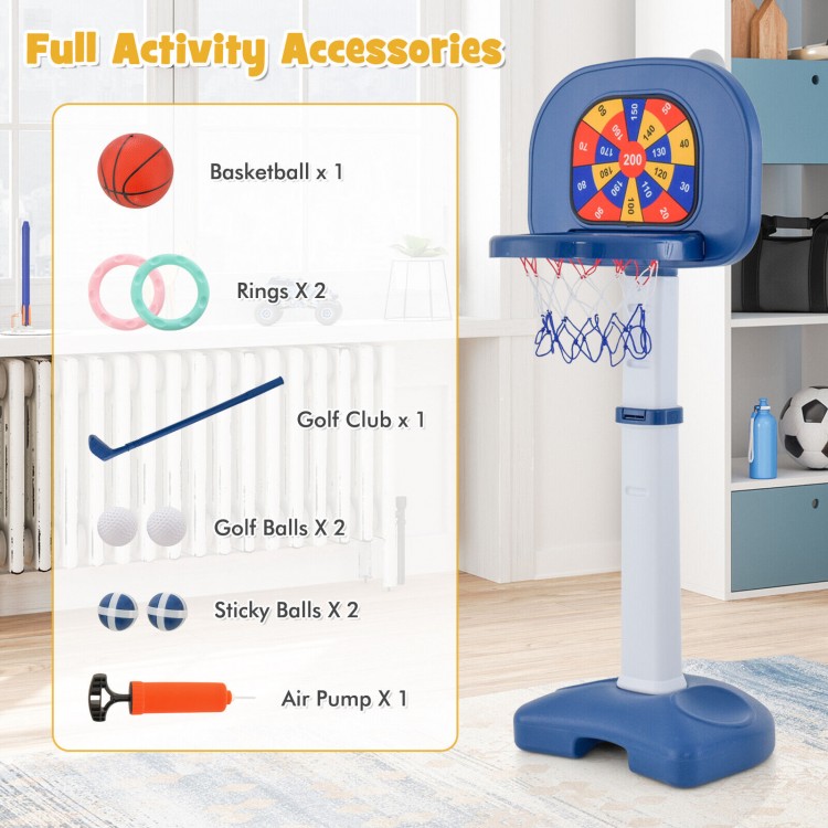 Adjustable kids basketball hoop with ring toss and sticky ball, featuring four game options and a stable base for fun.