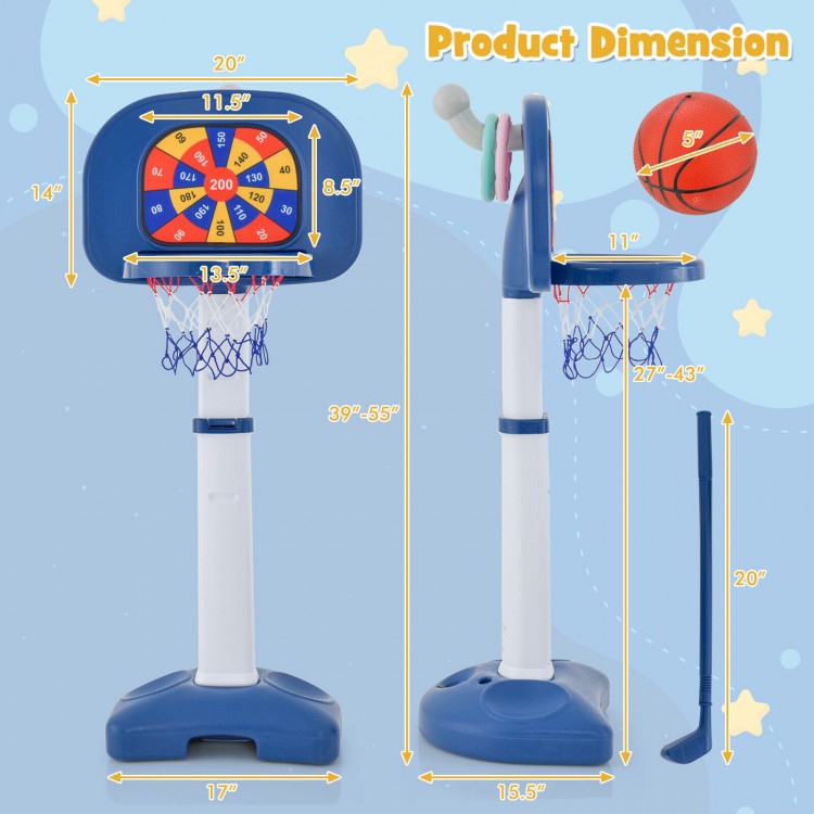 Adjustable kids basketball hoop with ring toss, featuring a stable base and four game options for versatile play.