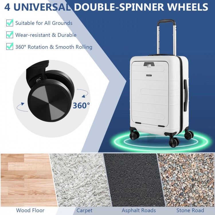 20-inch white hardside carry-on luggage with 4 double-spinner wheels, USB port, and TSA lock for convenient travel.