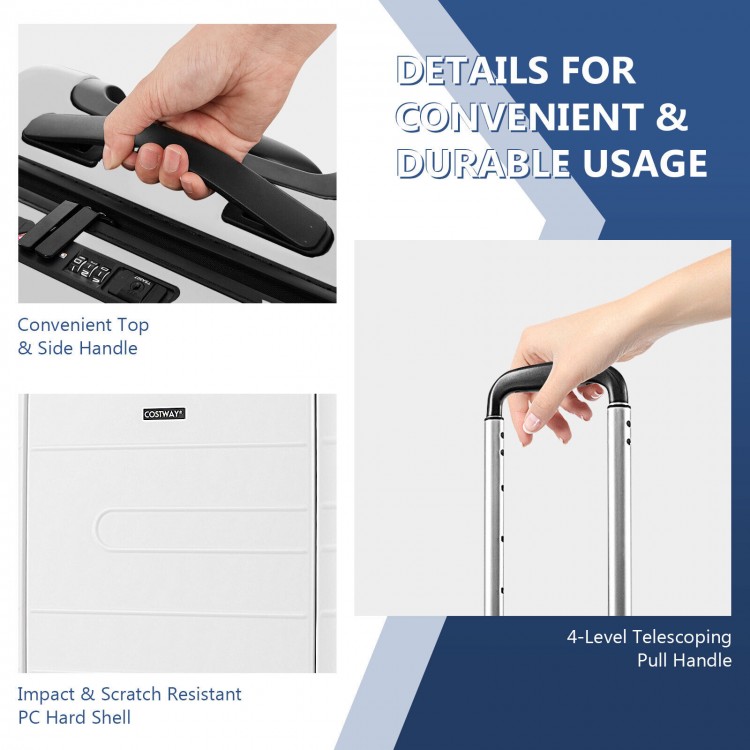 20-inch white carry-on luggage with a TSA lock, USB port, and durable PC hardshell for convenient travel.