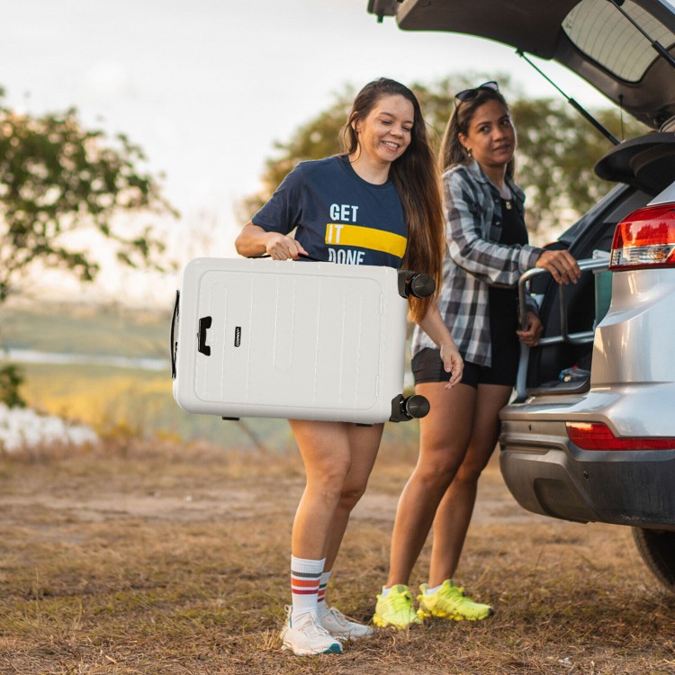 20-inch white hardside carry-on luggage with front pocket, USB port, and spinner wheels for convenient travel.