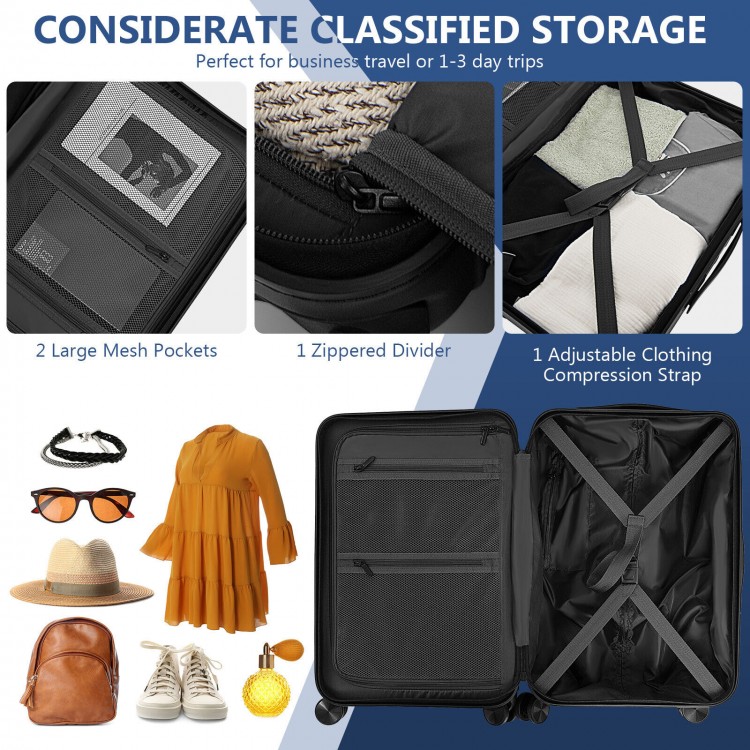 20-inch hardside carry-on luggage with front pocket, USB port, and TSA lock, ideal for short trips and business travel.
