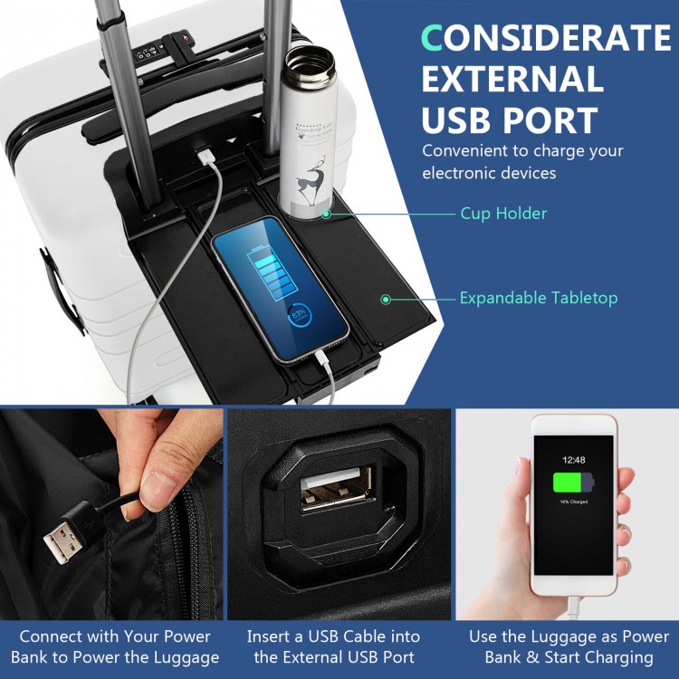 20-inch white carry-on luggage with USB port, foldable tabletop, and front pocket for convenient travel organization.